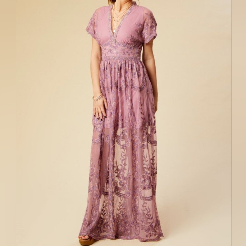 Dusty Rose Embroidered V-Neck Maxi Dress - Picture 3 of 12